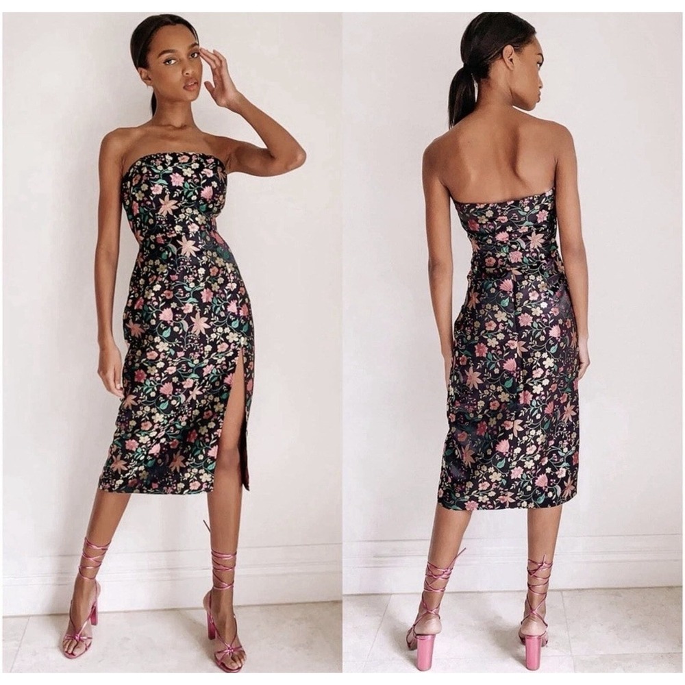 LULU'S Make A Move Black Satin Floral Jacquard Strapless Midi Dress M